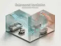 Illustration av balanserad ventilation hemma: frisk luft till vardagsrummet, fuktig luft ut från badrummet.