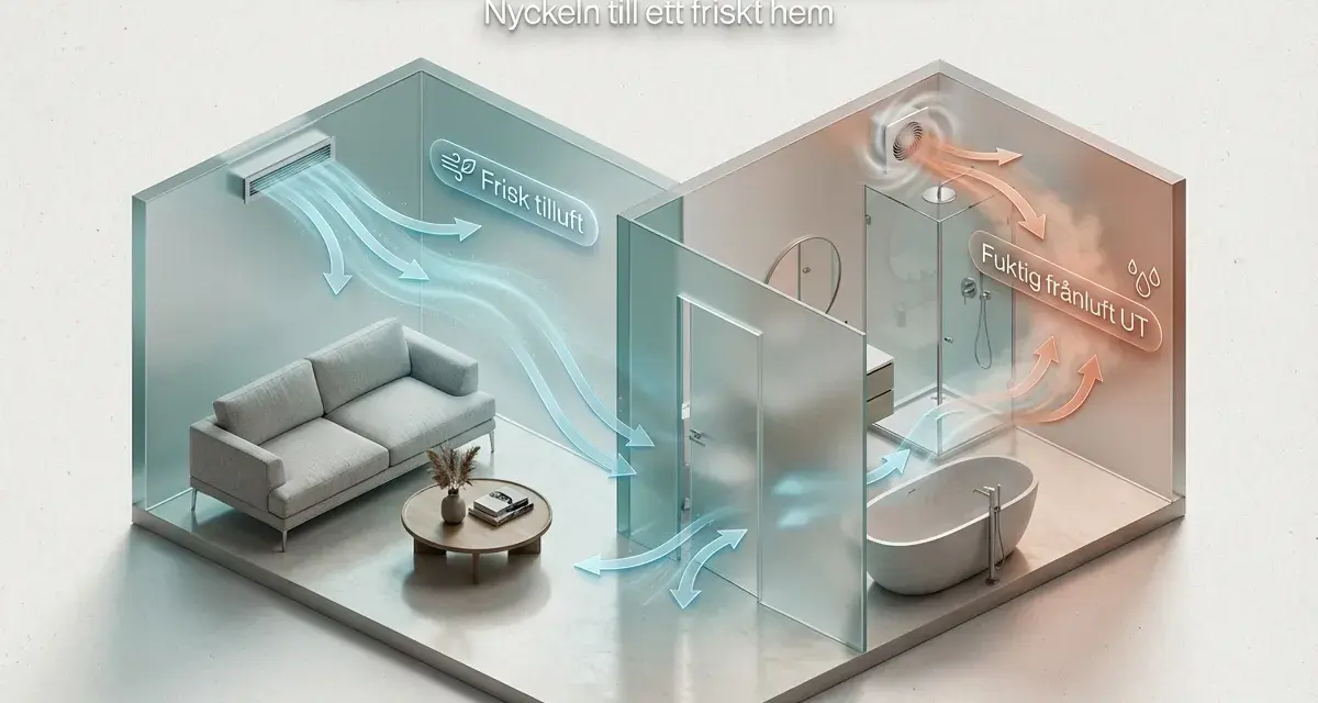Illustration av balanserad ventilation hemma: frisk luft till vardagsrummet, fuktig luft ut från badrummet.