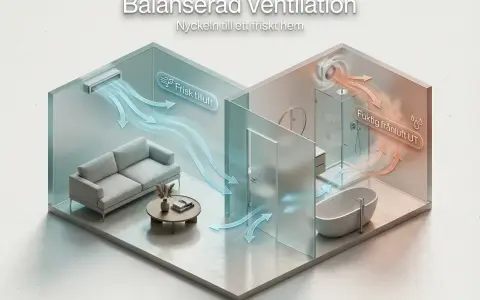 Illustration av balanserad ventilation hemma: frisk luft till vardagsrummet, fuktig luft ut från badrummet.