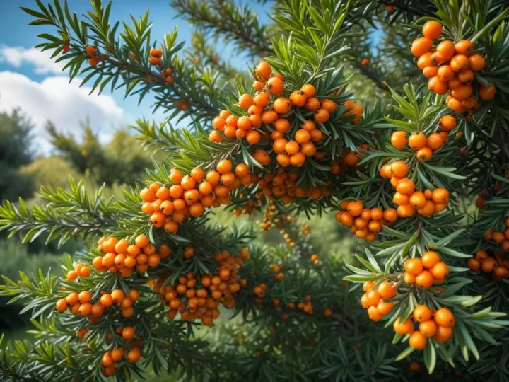 Tätt med orange havtorn på grenar, redo att plockas. En vacker syn som inspirerar till att plantera havtorn.