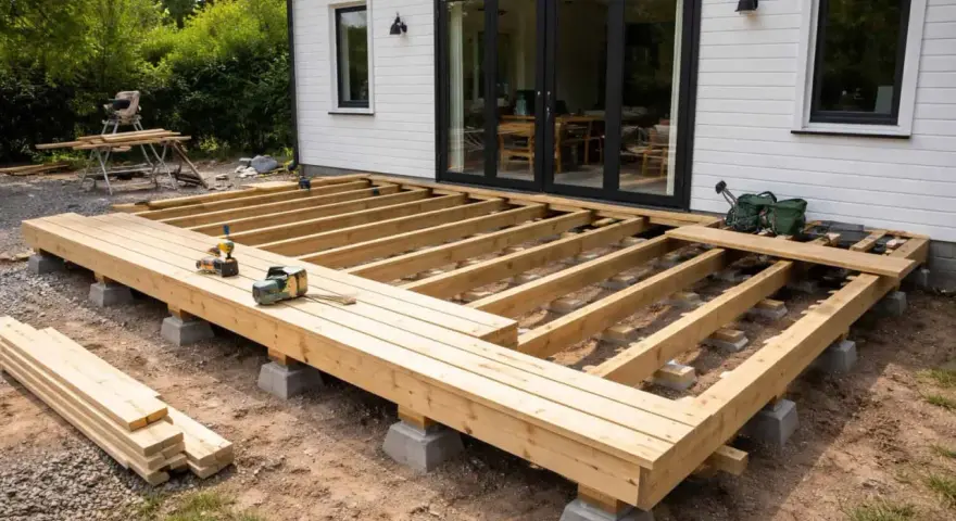 Grundstomme för altan byggs. Träbjälkar på betongplintar, redo att bygga altan. Verktyg ligger redo.