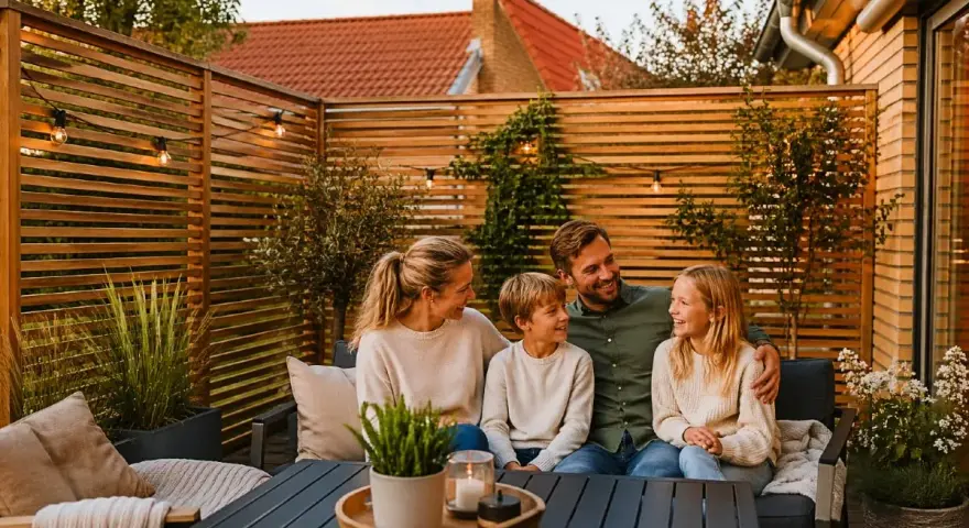 Familj njuter av kvällen på altanen bakom ett snyggt insynsskydd.