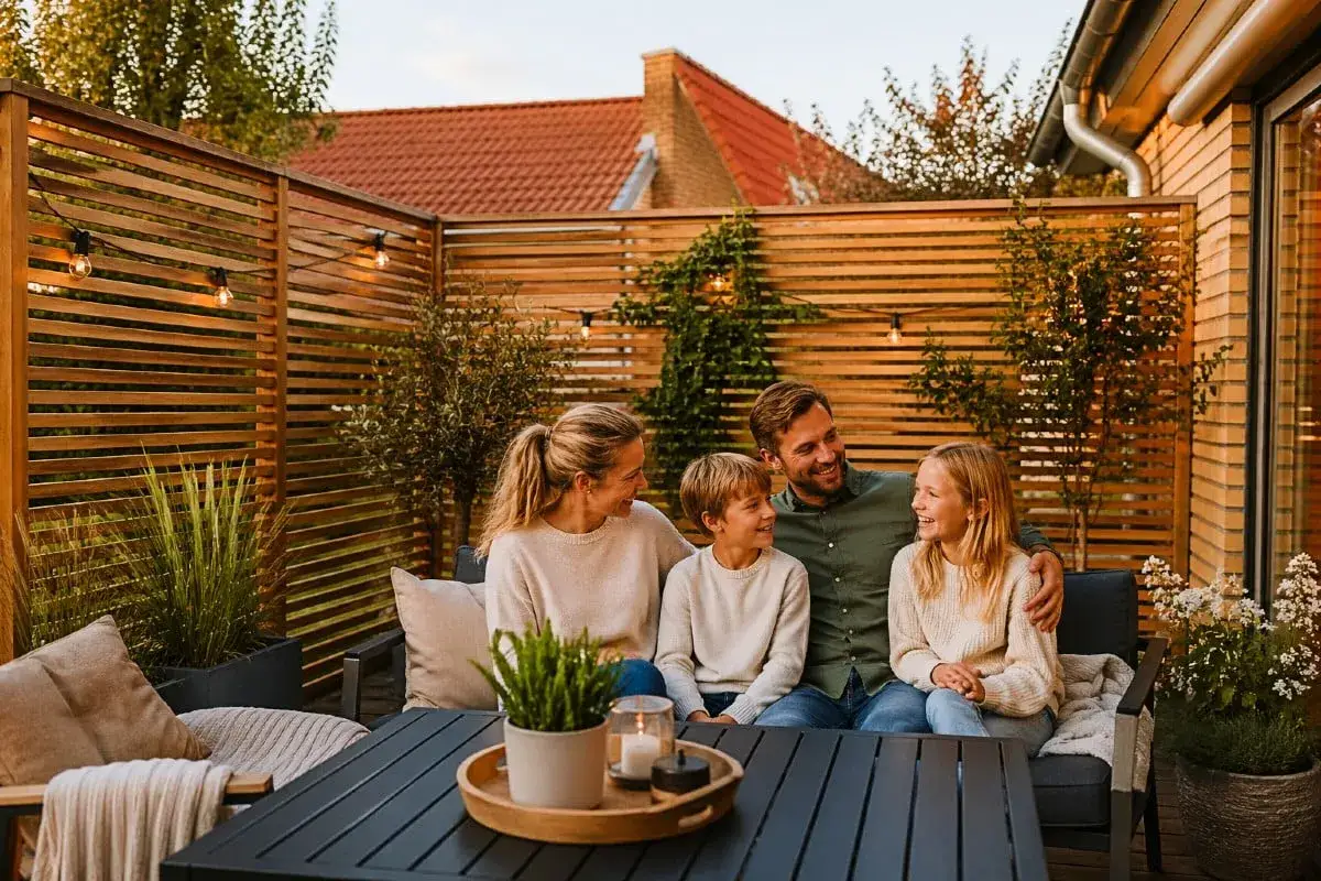 Familj njuter av kv&auml;llen p&aring; altanen bakom ett snyggt insynsskydd.