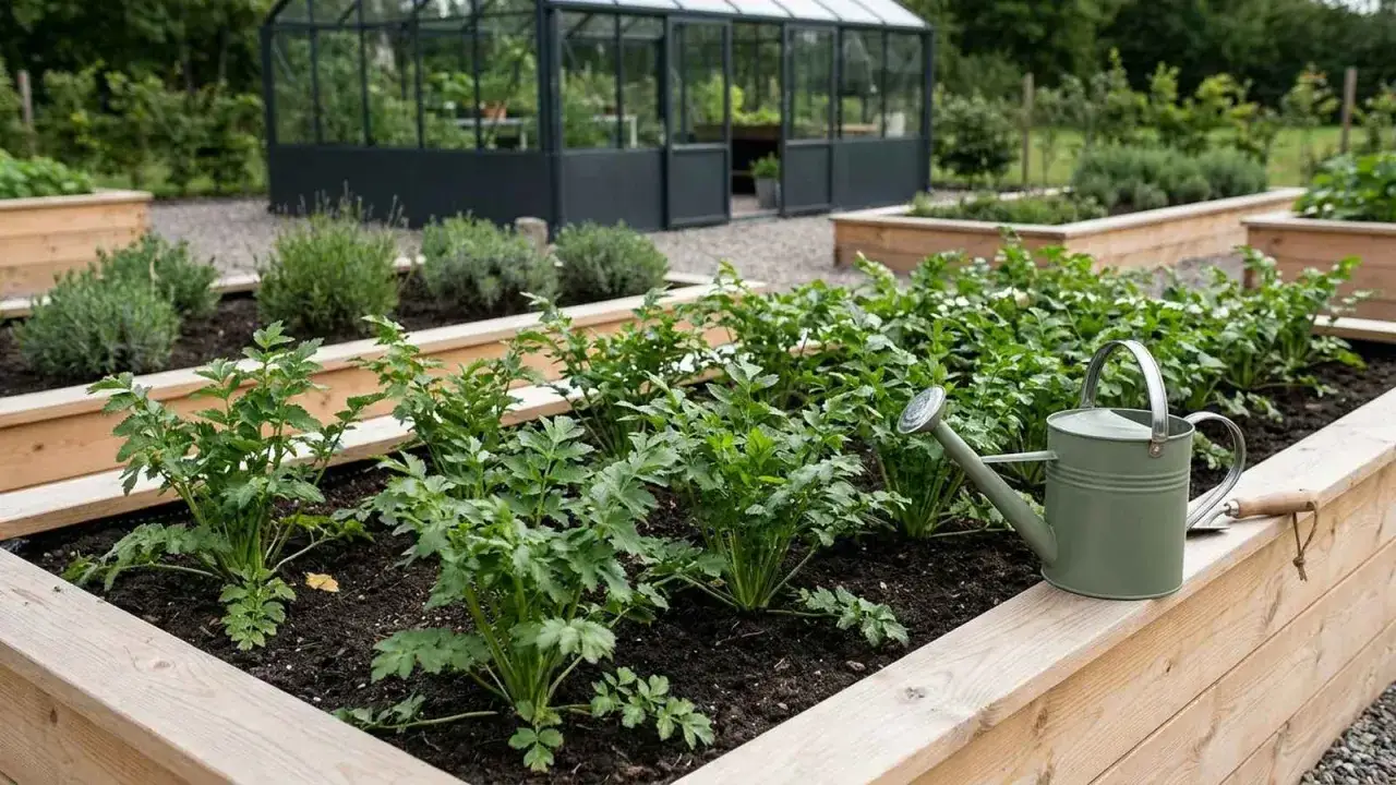 En grön vattenkanna står bredvid ett upphöjt bädd med frodigt gröna plantor, redo att odla palsternacka. Ett växthus syns i bakgrunden.