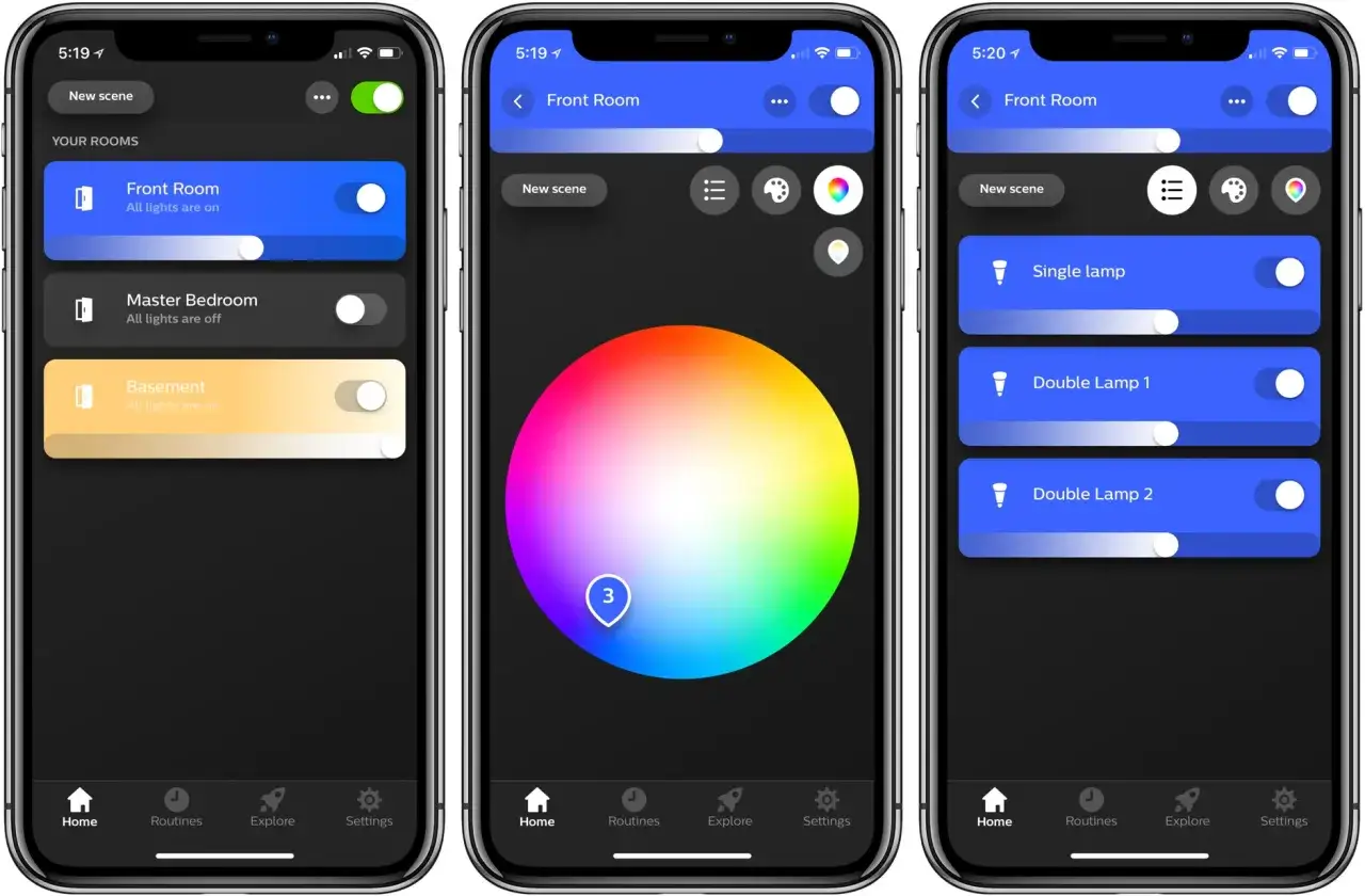 Skärmdumpar av Philips Hue appen visar hur man styr belysning i olika rum, väljer färger och justerar ljusstyrka.