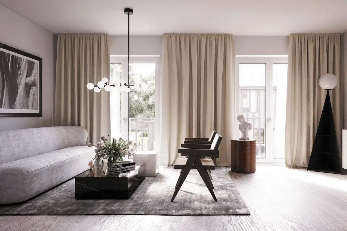 Elegant vardagsrum med modern soffa, marmorbord och en unik golvlampa. En vision från a2 designers.
