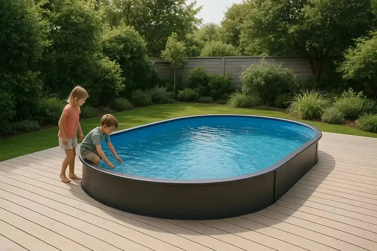 Tv&aring; barn unders&ouml;ker vattnet i en oval saltvatten pool p&aring; en altan, omgivna av gr&ouml;nskande tr&auml;dg&aring;rd.